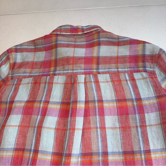 GAP Womens Boyfriend Fit 100% Linen Button Shirt Long Sleeve Pink Plaid Small - Picture 10 of 11